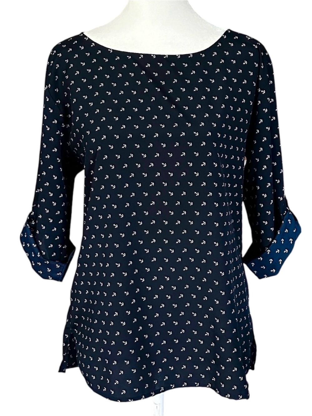Old Navy Nautical Anchor Print Roll Tab Relaxed Fit Boat Neck Top Size Small